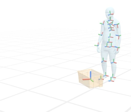 Input: the first-frame human pose and object, every joint and the object drawn as a sparse SE(3) coordinate-frame token