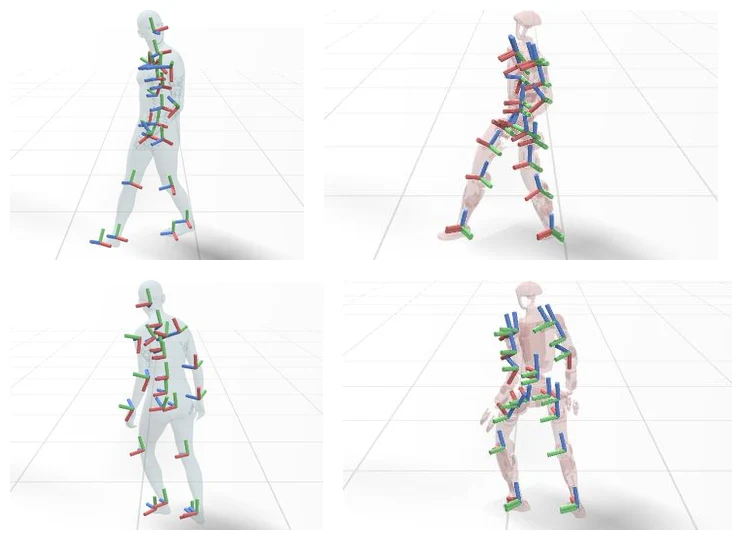Two human-to-Unitree-G1 exemplar pairs in a 2x2 grid: translucent SMPL humans paired with their retargeted G1 robots, each drawn as SE(3) coordinate-frame triads