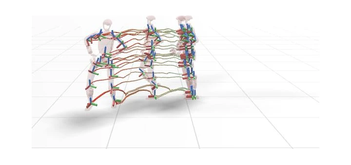 Generated robot link SE(3) trajectories drawn as coordinate-frame triads on the humanoid